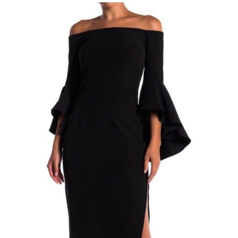 Milly Black Italian Cady Selena Off-Shoulder Trumpet Sleeve Dress Sz 2